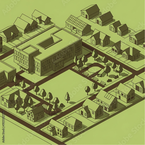 Isometric illustration of a residential neighborhood with houses and trees.