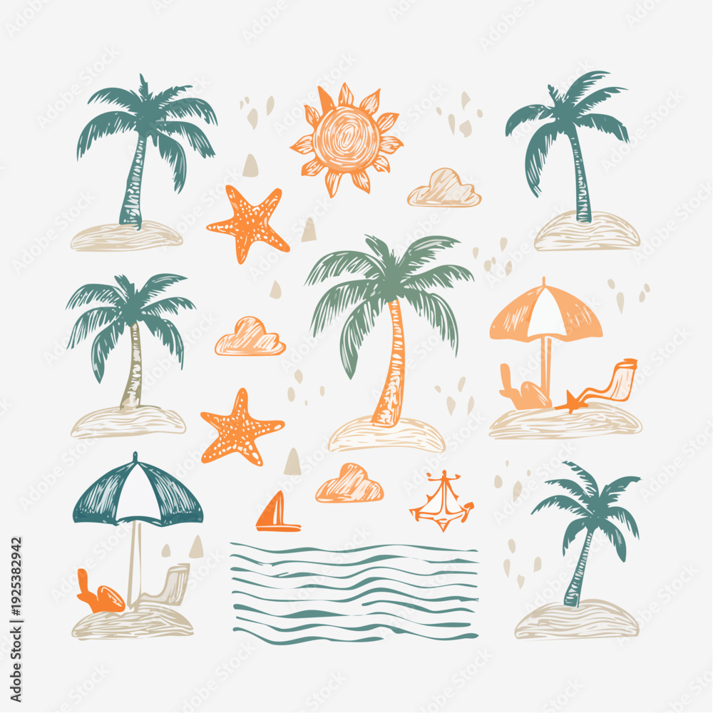 Obraz premium Serene beach scene with palm trees, umbrellas, and beach chairs in a tranquil seaside setting from a direct overhead viewpoint