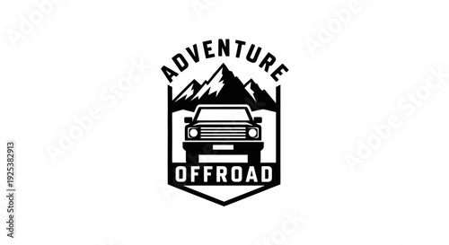 Adventure Offroad Logo with Vintage 4x4 Vehicle and Mountain Silhouette Emblem