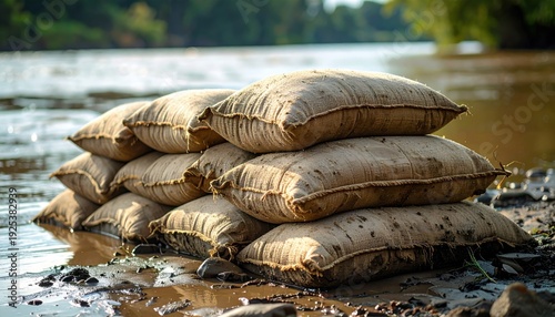 Pile of sandbags stacked in a protective berm formation, rough burlap texture visible, high-resolution photographic style from FlyPro Firefly