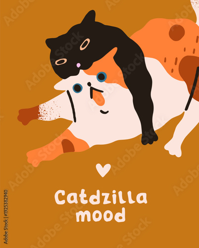 Comic postcard with cute fighting cats. Funny design of greeting card with kitty biting its friend. Layout with naughty kittens playing together. Crazy animals have fun. Flat vector illustration.