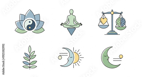 Collection of six different spiritual and wellness icons.
