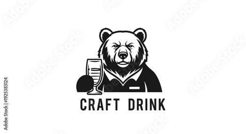 Bear mascot logo for craft drink, brewery, or bar with a glass of beverage