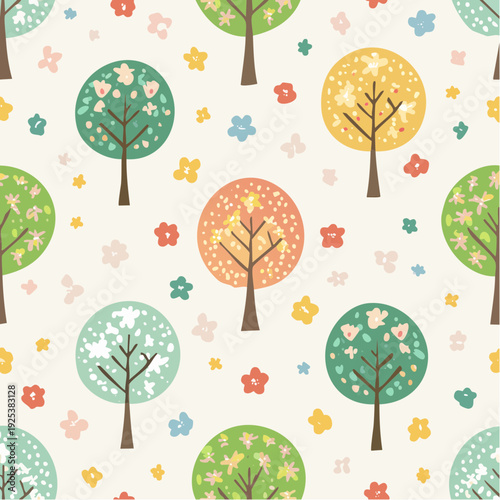 A vibrant pattern featuring trees and flowers in various colors and designs