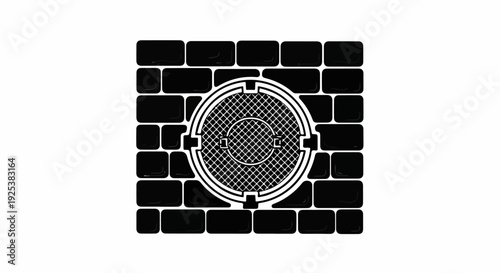 Black brick wall with a circular grate cover for an underground access