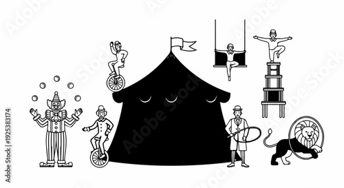 Cartoon circus performers entertain with jugglers, unicycles, and a lion