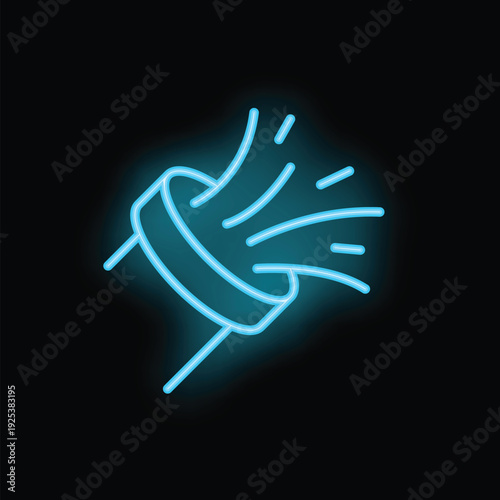 Neon blue spray bottle icon is glowing on a black background