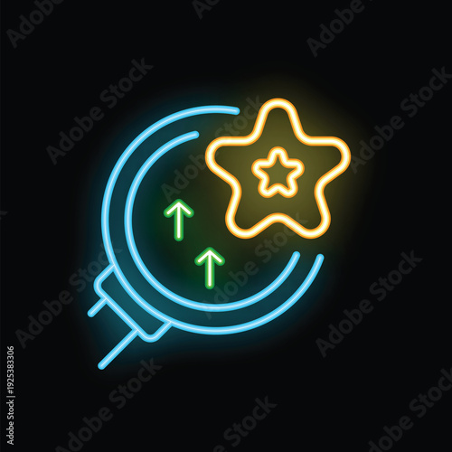 Neon glowing icon of a star moving up with a magnifying glass, representing growth, success, and achieving goals