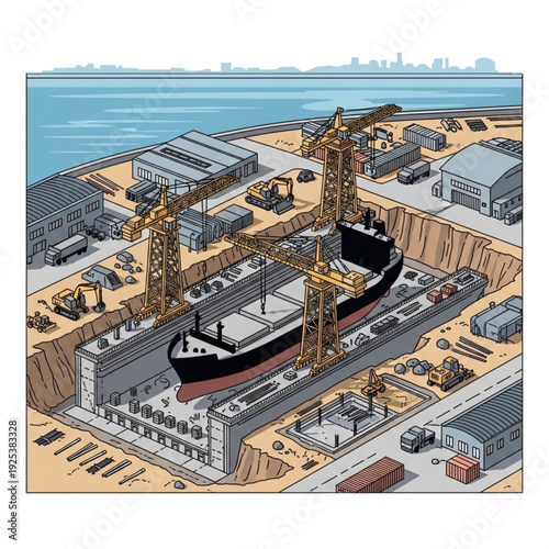 Shipbuilding Yard with Cranes and Construction Equipment.