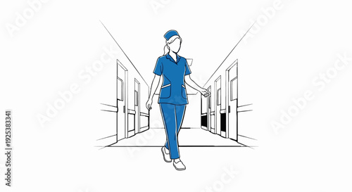 A healthcare professional walks down a brightly lit corridor