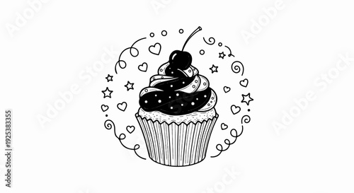 A charming, hand-drawn cupcake adorned with a cherry and surrounded by decorative swirls, hearts, and stars