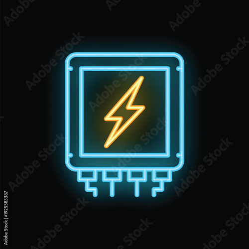 Blue neon processor icon glowing on a dark background representing the concept of computer processing power