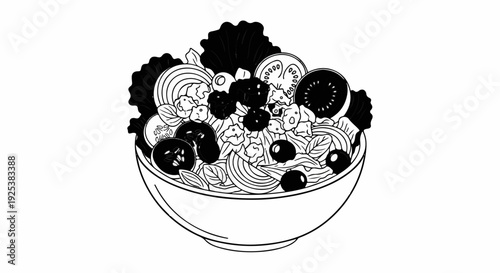 A black and white illustration of a fresh salad in a white bowl