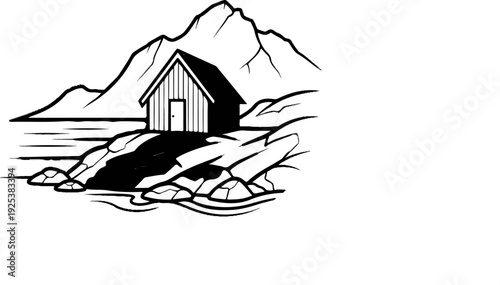 Minimalist sketch of a wooden cabin by a lake against mountainous backdrop