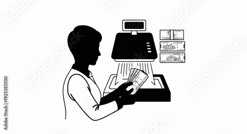 Silhouette of person holding money near a currency scanner