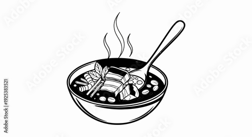 A steaming bowl of hearty stew with chunks of meat and garnish