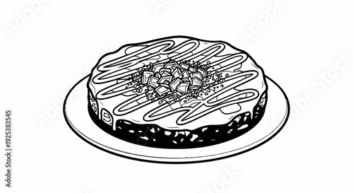 A stylized black and white illustration of a chocolate cake on a plate