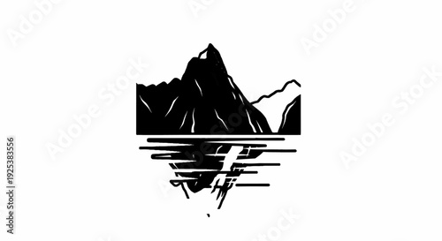 Stylized black silhouette of jagged mountain peaks reflected in water