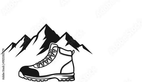 A stylized drawing of a hiking boot in front of jagged mountains