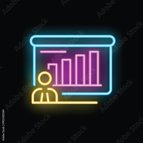 Neon sign representing a businessman giving a presentation pointing at a growing bar chart on a flip chart