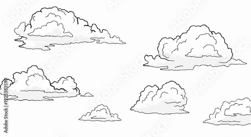 Stylized collection of cumulus clouds drawn in black and white