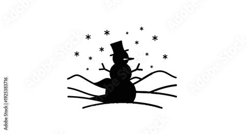 Black silhouette of a snowman with a hat and scarf in snowy landscape