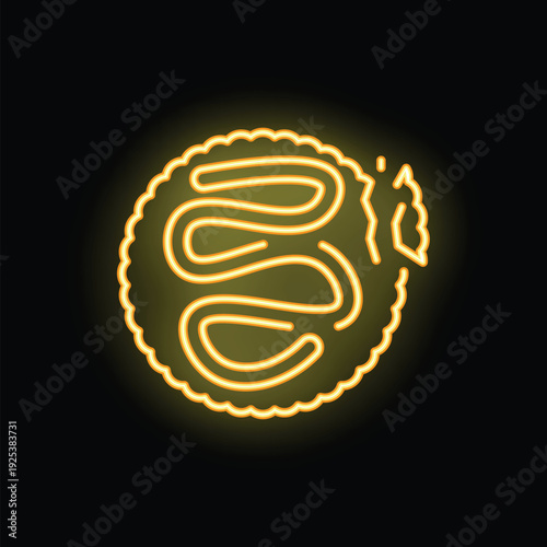 Glowing neon line icon of human intestines is showing digestive system on black background