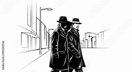 Two men in fedoras and long coats walk down a city street at night