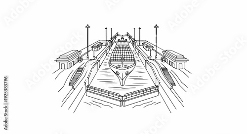 Container ship passing through a canal lock system