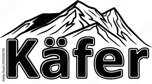 Stylized mountain range crests above bold text with umlaut