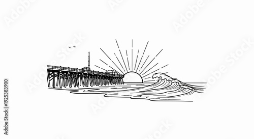 Wooden pier on the ocean with crashing waves and a sunrise