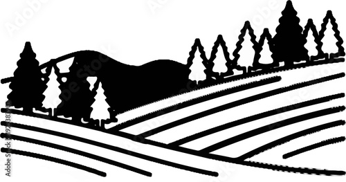 Stylized black and white illustration of rolling hills with trees and fields