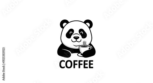 Cute Cartoon Panda with Coffee Cup Logo Design - Black and White Vector Illustration