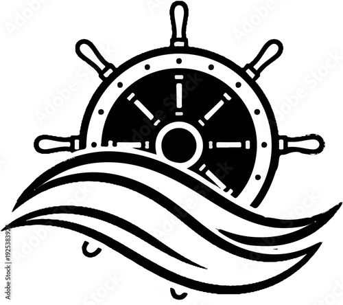 Nautical ship's wheel design with stylized waves below it