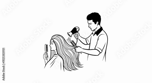 Stylist blow-drying and brushing a woman's long, flowing hair with precision
