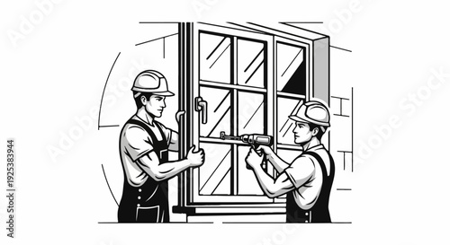 Two builders install a window using a drill and tools in a sketch