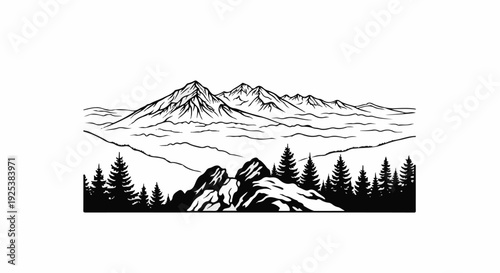 Majestic mountain range with rocky foreground and pine forest silhouette