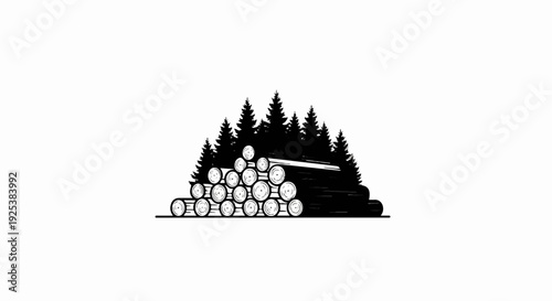 Stacked logs in front of a dark forest silhouette