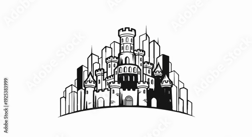 Stylized medieval castle integrated with modern city skyline structures