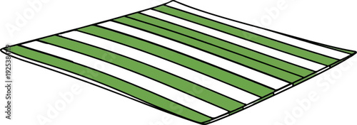 Square beach towel with alternating green and white stripes, tilted