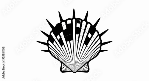 A black and white graphic illustration of a spiky scallop shell