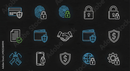 Collection of security and protection icons on a dark background.