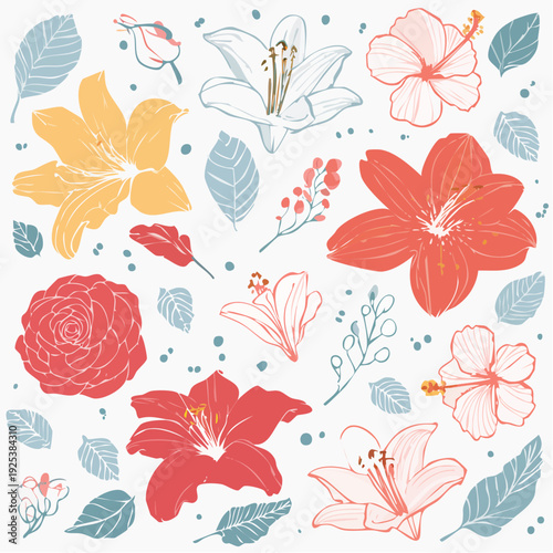 Vibrant floral pattern featuring blooming flowers and lush leaves in a decorative arrangement on a clean background from a direct viewpoint