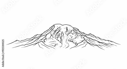 A stark black and white line drawing of a majestic mountain range
