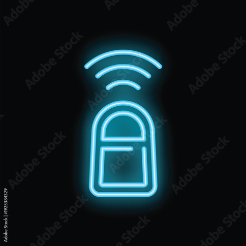 Blue neon icon of a keyless entry system sending signal on a black background