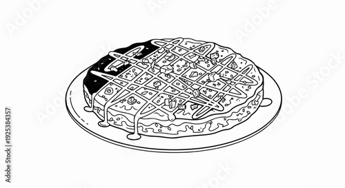 A stylized, black and white line drawing of a layered cake on a plate