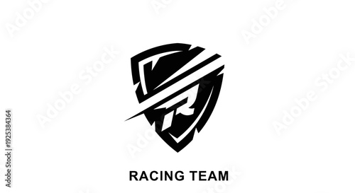 Dynamic Racing Team Shield Logo Design with Stylized Letter R and Speed Stripes