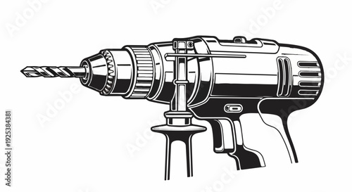 A black and white illustration of a cordless drill with a bit