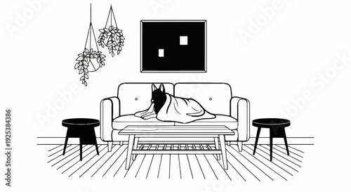 A black dog rests cozily on a sofa under a blanket, indoor scene
