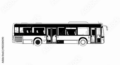 A black and white side view illustration of a city bus with open doors and visible seating